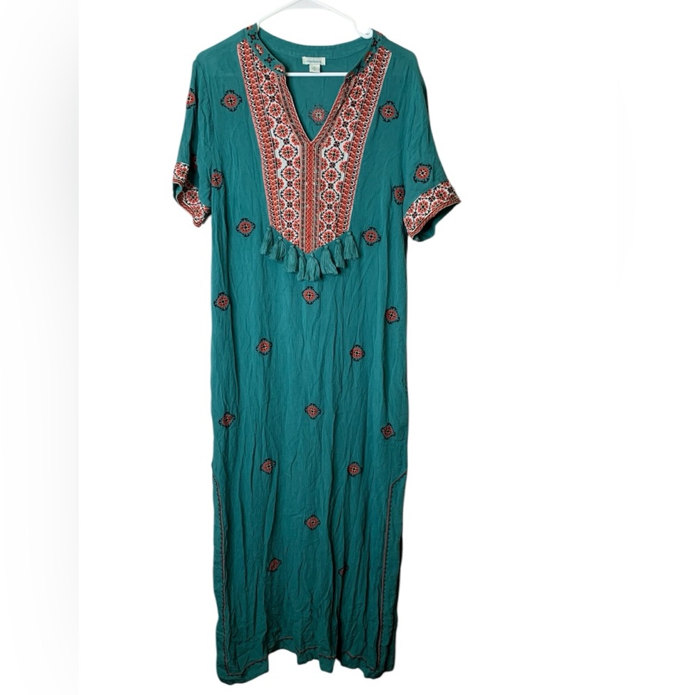 Sundance Southwestern Embroidered Maxi Dress Size M Tassels Aztec Festival Boho